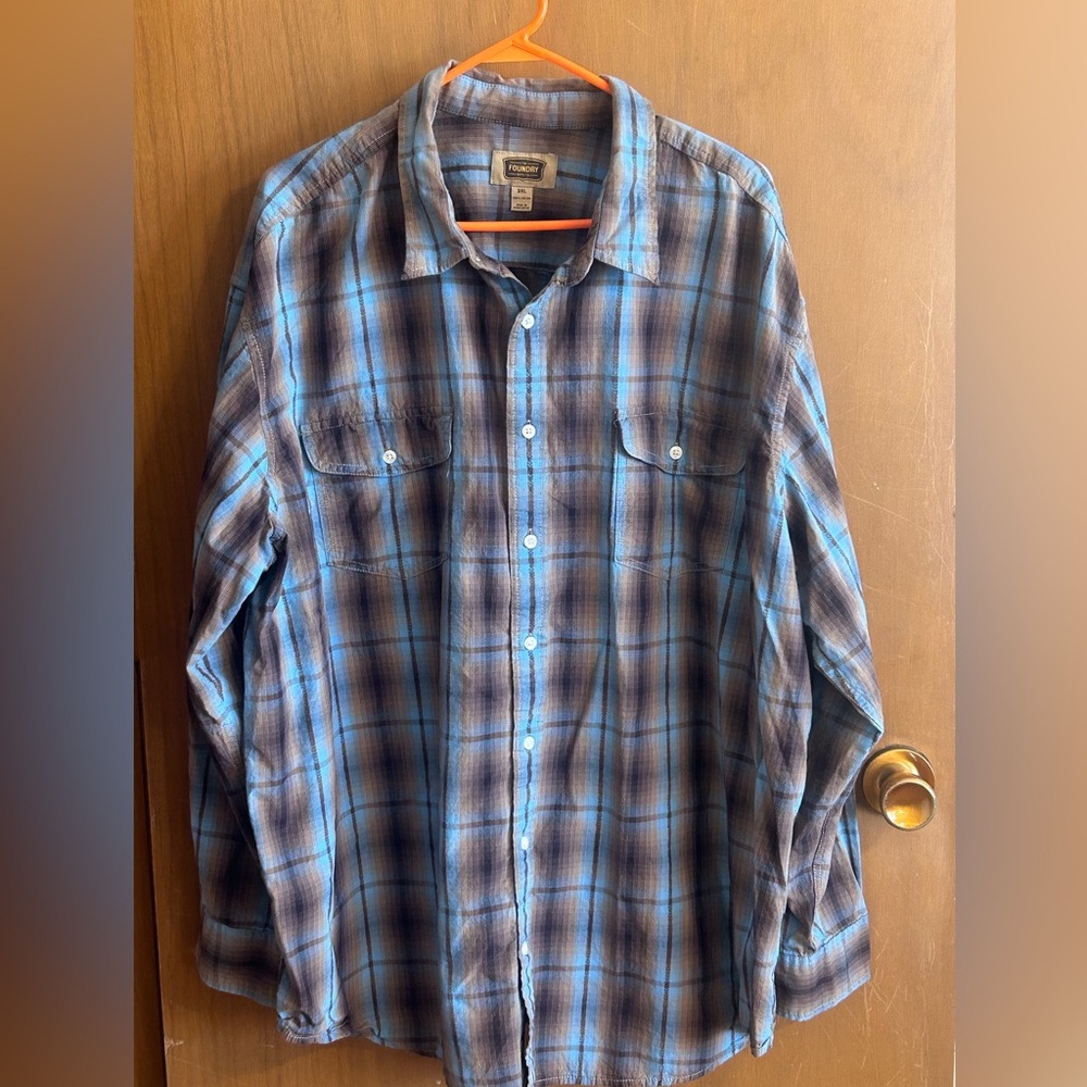Foundry‎ Blue Tan Plaid Button Down Shirt Size 3 XL